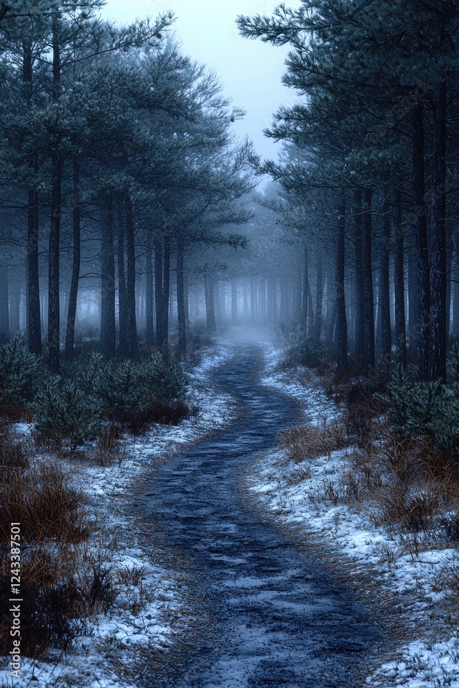 Obraz premium A snowy path winds through a misty pine forest