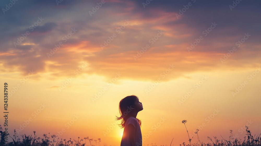 Fototapeta premium Child gazes at vibrant sunset sky, silhouetted by warm golden hues, perfect for serene nature and inspiration themes.