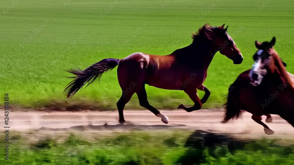 Galloping horse runs freely through a vibrant green field at midday in rural countryside Galloping horse runs freely through a vibrant green field at midday in rural countryside