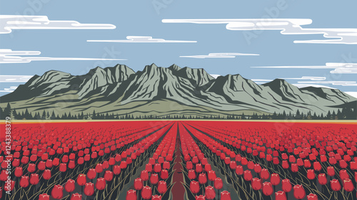 Field of Red Tulips with Mountain Backdrop