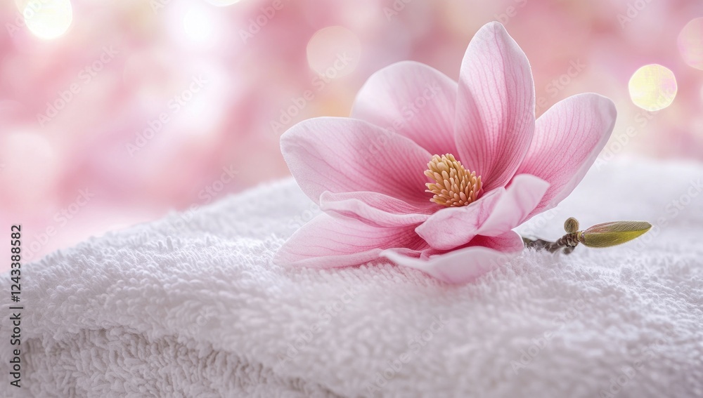 Pink Magnolia Blossom on Soft Towels: Serenity and Spa Relaxation Pink Magnolia Blossom on Soft Towels: Serenity and Spa Relaxation