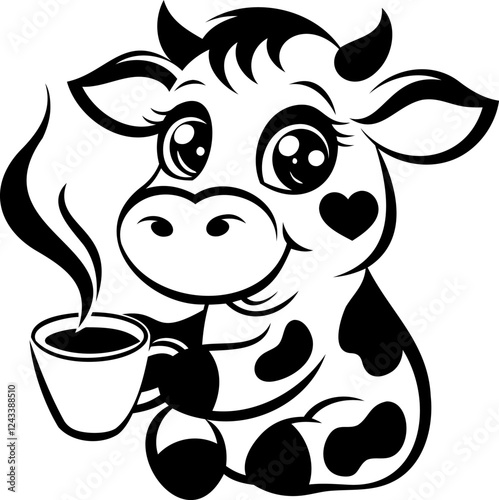 Cute cow enjoying a cup of coffee