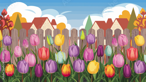 Colorful Tulip Garden with Fence and Houses