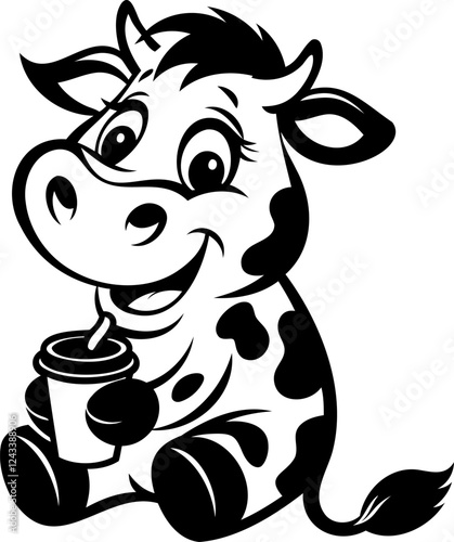 Cartoon cow drinking from a cup