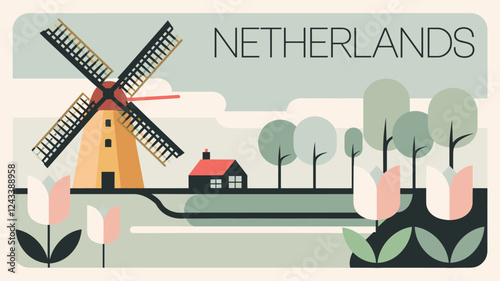 Netherlands Landscape with Windmill and Tulips