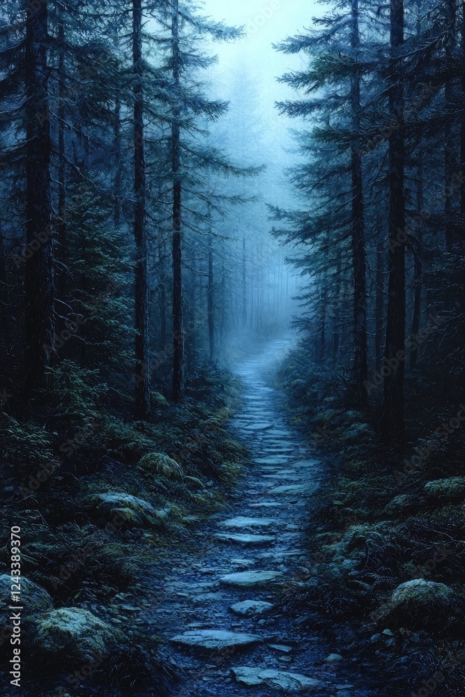 Fototapeta premium Stone Path Winding Through A Misty Blue Forest