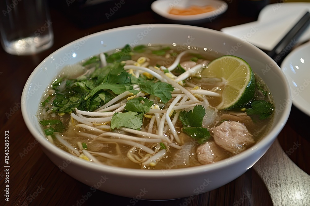 A bowl of chicken pho with fresh herbs, bean sprouts, and lime wedges A bowl of chicken pho with fresh herbs, bean sprouts, and lime wedges
