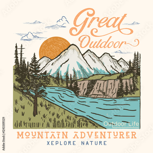 Great outdoor, Mountain lake graphic artwork, Outdoor vintage graphic print design, Mountain with tree vintage print design. Mountain forest club.Outdoor at the mountain retro print design for t shirt