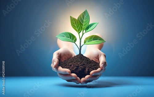 Hands holding soil with growing green plant, blue background, symbolizing nature
