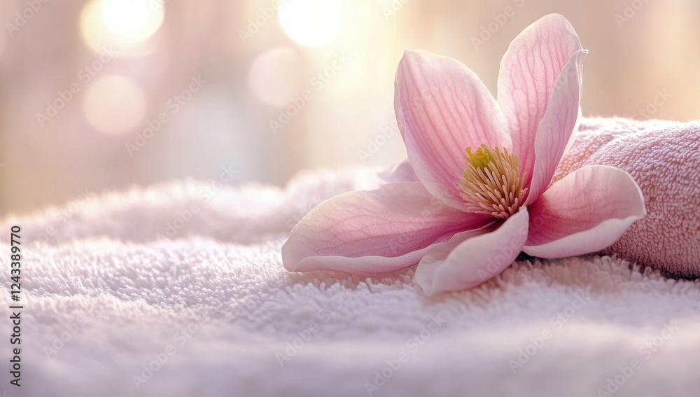 Serene Spa Day: Pink Magnolia Blossom on Soft Towels Serene Spa Day: Pink Magnolia Blossom on Soft Towels