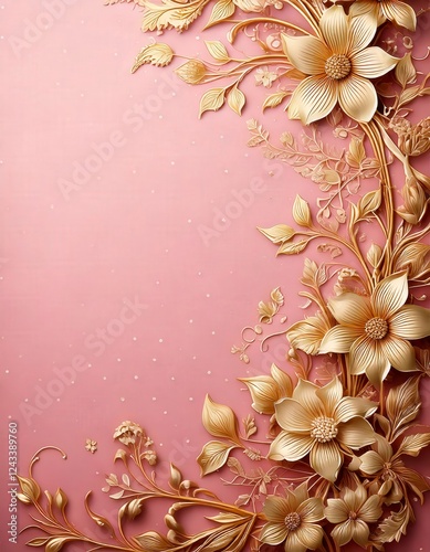 A blush pink greeting card with hand-drawn golden floral vines along the border