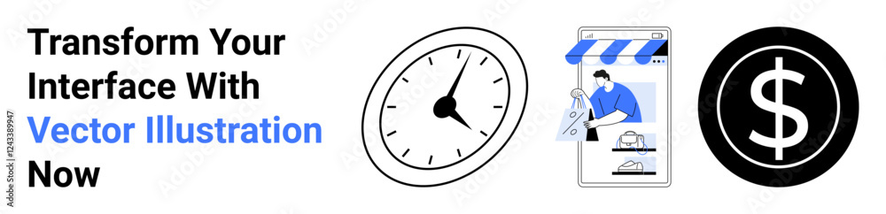 Clock illustrating time, smartphone with an e-commerce storefront, and dollar sign representing monetary growth. Ideal for productivity, retail, finance, digital marketing, entrepreneurship, apps Clock illustrating time, smartphone with an e-commerce storefront, and dollar sign representing monetary growth. Ideal for productivity, retail, finance, digital marketing, entrepreneurship, apps