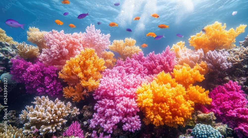 Obraz premium Vibrant coral reef teeming with colorful fish, showcasing underwater beauty in a serene ocean environment