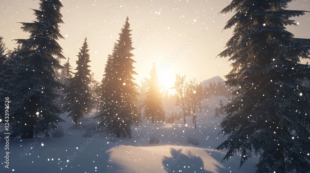 Fototapeta premium Snowy Mountain Sunset: Winter Wonderland Serenity