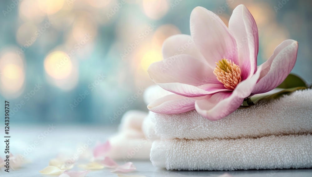 Serene Spa Setting: Magnolia Blossom on Soft Towels Serene Spa Setting: Magnolia Blossom on Soft Towels