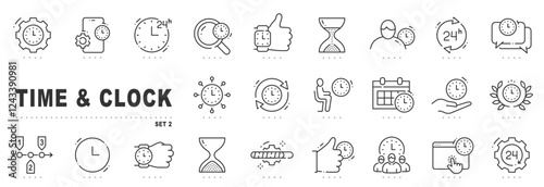Set of time related line icons. Clock, watch, calendar, timer etc. Editable stroke. Set 2
