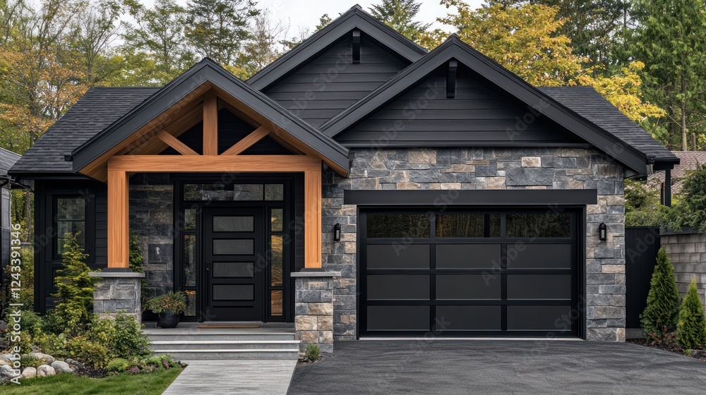 Black house with stone facade and double garage in nature background Black house with stone facade and double garage in nature background