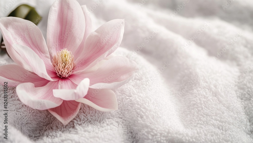 Pink Magnolia Blossom on Soft White Towel: A Serene Spa Experience Pink Magnolia Blossom on Soft White Towel: A Serene Spa Experience