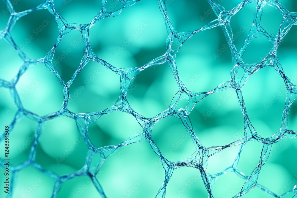 Fototapeta premium Abstract Aqua Bubble Network - Close-up of a soap bubble film, revealing intricate network patterns and a teal green background.