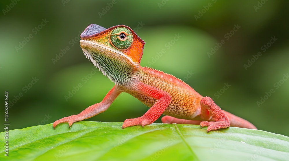 Obraz premium Colorful chameleon perched on a vibrant green leaf in a lush tropical environment