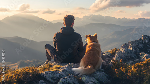 proposing to his girlfriend while their excited dog stands beside them with a wagging tail  photo