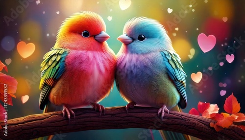 A cartoon-style lovebirds couple sitting on a branch with tiny heart bubbles.