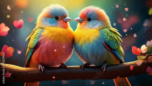 A cartoon-style lovebirds couple sitting on a branch with tiny heart bubbles.