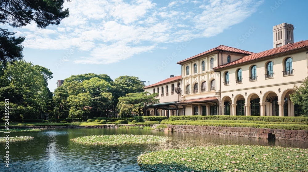 Serene Park Landscape with Traditional Architecture and Reflections Serene Park Landscape with Traditional Architecture and Reflections