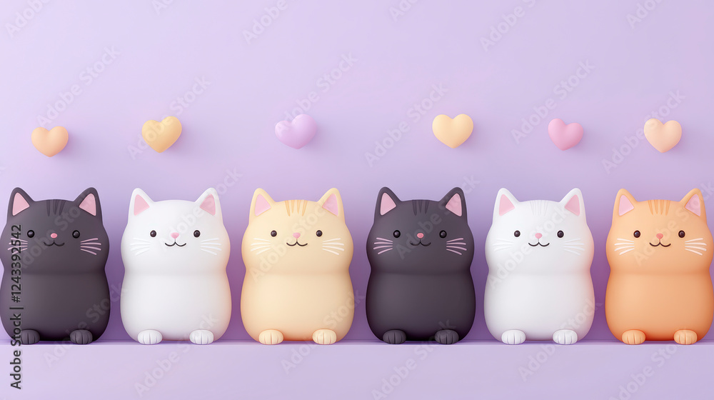 Adorable cartoon cat figures on pastel purple background with hearts, perfect for enhancing cozy home d?cor aesthetics. Adorable cartoon cat figures on pastel purple background with hearts, perfect for enhancing cozy home d?cor aesthetics.