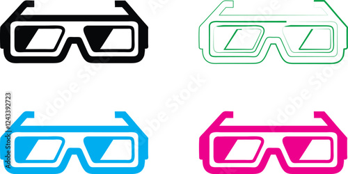 3D glasses, minimalist line art, neon colors, geometric shapes, retro style, pop art aesthetic, vector graphics, simple outlines, vibrant cyan, magenta, green, black, iconic design, cinema accessories