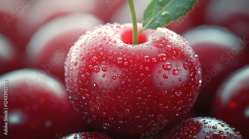 Fresh red cherries glistening with water droplets, arranged in a vibrant display, evoking freshness