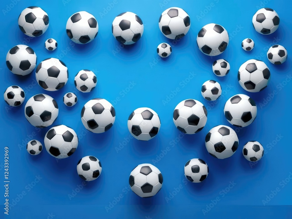 Soccer balls and footballs arranged in a 3D pattern on a blue background forming a large football-shaped design, design, graphics, soccer ball Soccer balls and footballs arranged in a 3D pattern on a blue background forming a large football-shaped design, design, graphics, soccer ball