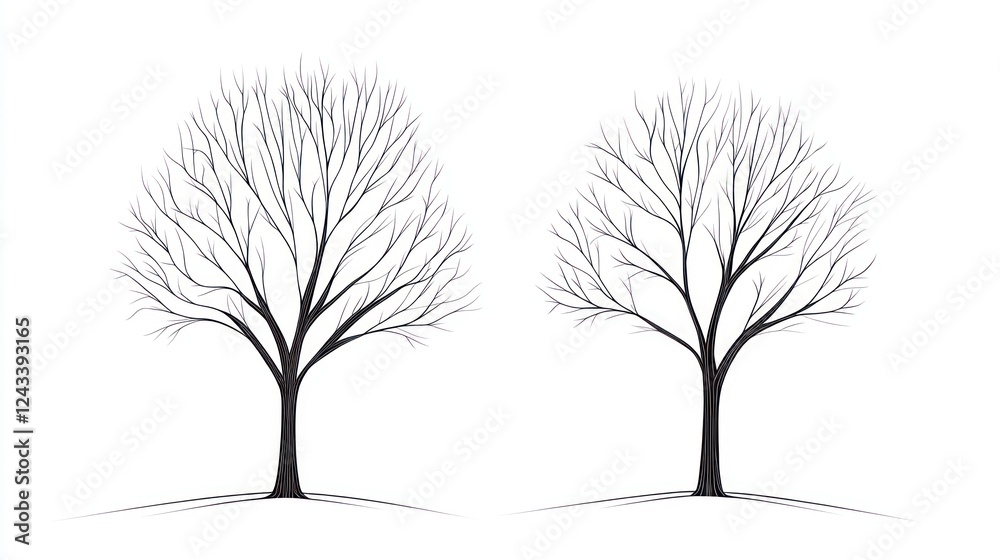 Bare winter trees, white background, nature illustration, design element Bare winter trees, white background, nature illustration, design element