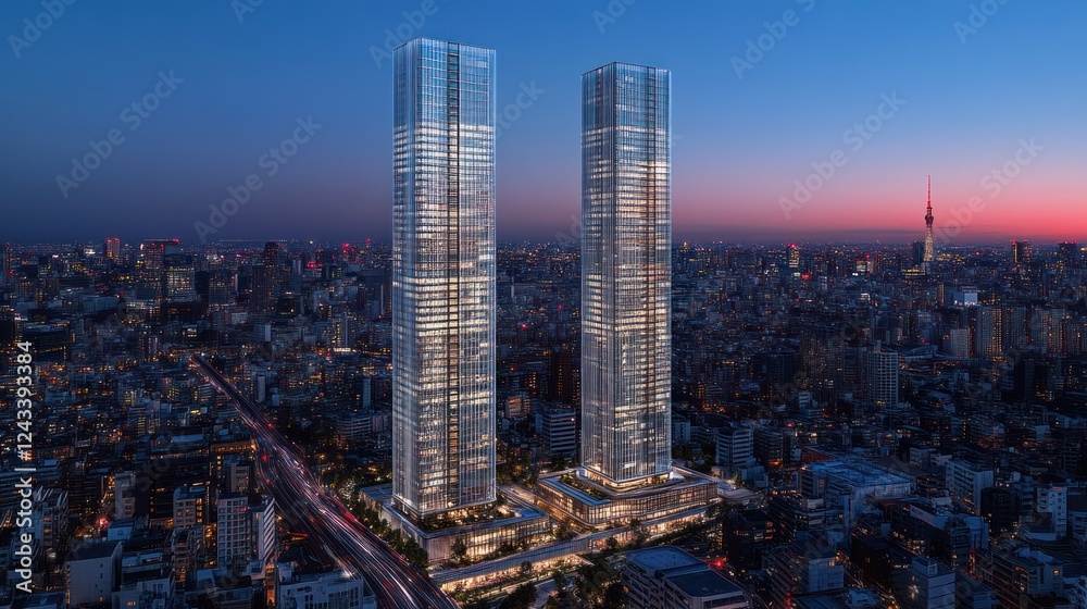 Obraz premium Twin Towers, Tokyo Skyline, Night, Construction, Rendering