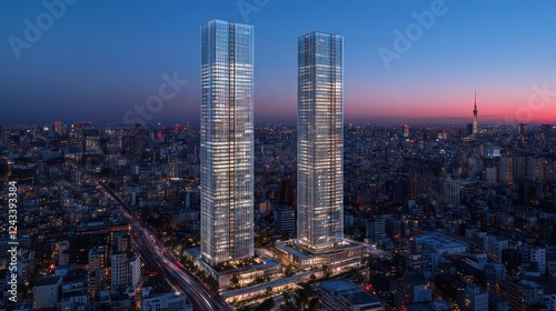 Wallpaper Mural Twin Towers, Tokyo Skyline, Night, Construction, Rendering Torontodigital.ca