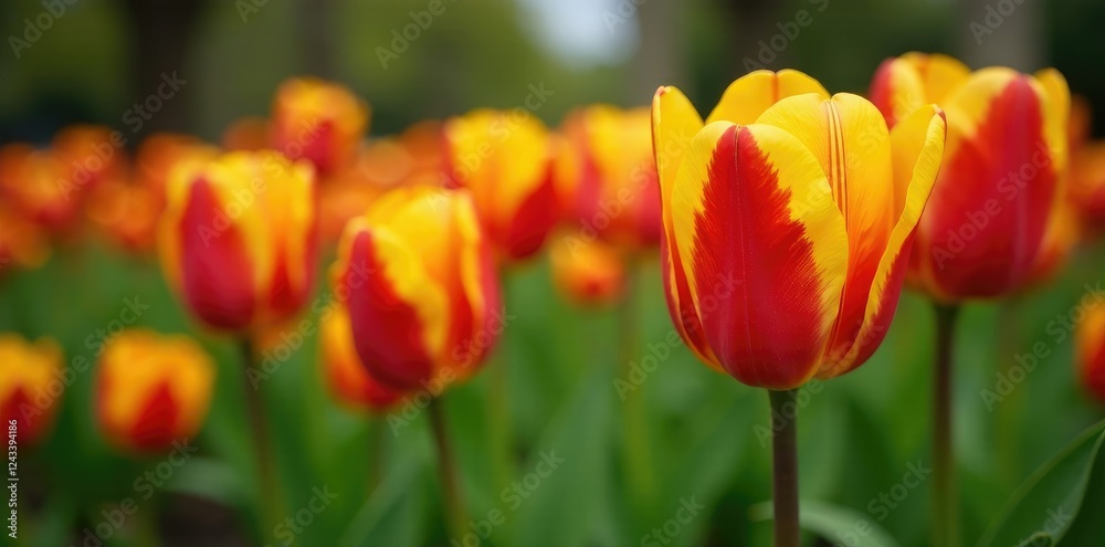 Tulip in garden with bright yellow and dark red petals, growing on stem, showy, geophytes Tulip in garden with bright yellow and dark red petals, growing on stem, showy, geophytes