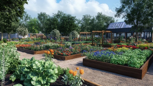 Beautifully designed community garden bursting with vibrant flowers and fresh vegetables in a sunny outdoor setting photo