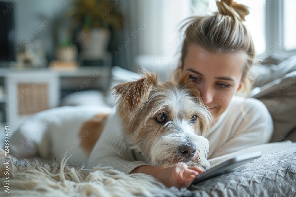Woman Using Tablet with Her Dog on Couch: Cozy Relaxation and Digital Interaction at Home Woman Using Tablet with Her Dog on Couch: Cozy Relaxation and Digital Interaction at Home