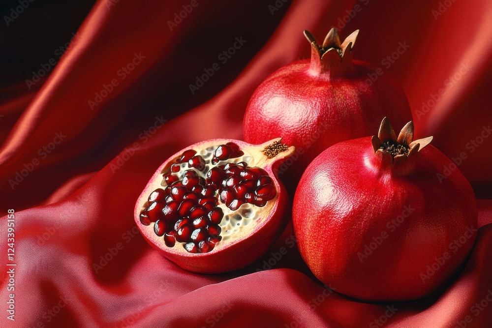 Pomegranate fruits arranged on a red satin background, showcasing their vibrant color and rich texture during bright daylight Pomegranate fruits arranged on a red satin background, showcasing their vibrant color and rich texture during bright daylight