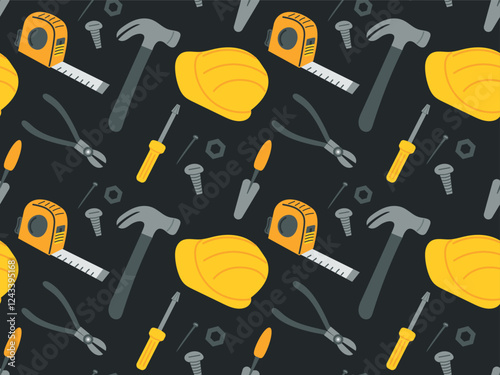 Seamless pattern with repair tools, construction helmet, hammer.