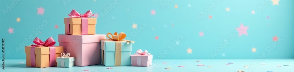 Fototapeta premium Colorful gift boxes stacked neatly against a radiant light blue background with scattered pastel colors, light, blue
