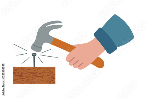 Male hands with hammer. Male hand hammering nails into wooden board