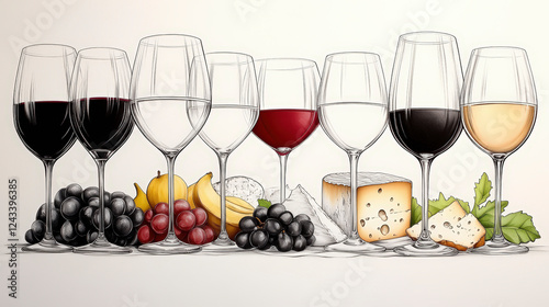 Exquisite wine and cheese pairing illustration featuring a variety of red and white wines, accompanied by gourmet cheeses and grapes.