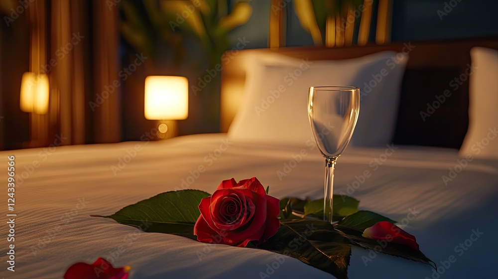 A romantic setting with a bedside table holding a white glass, a fresh rose, and a glowing lamp at dusk. A romantic setting with a bedside table holding a white glass, a fresh rose, and a glowing lamp at dusk.