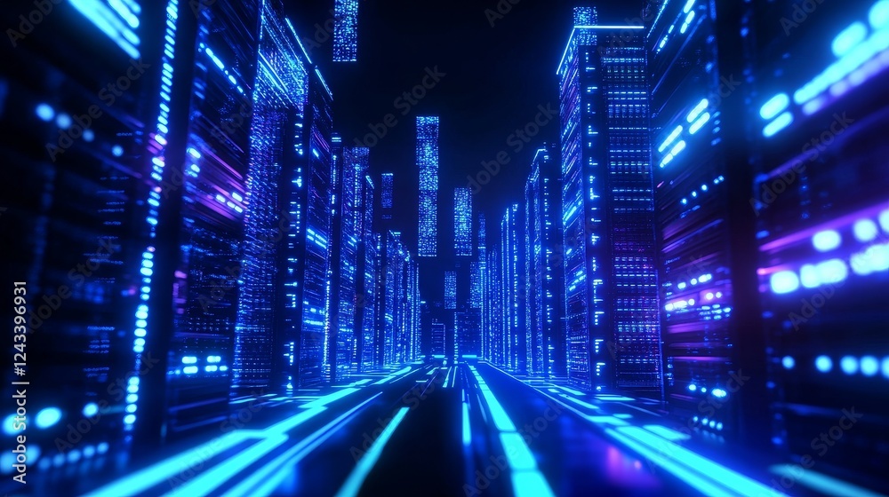 Digital Cityscape at Night - Futuristic city glowing with vibrant blue and purple neon lights, data streams flowing through buildings. Represents technology, innovation, and the digital world. Digital Cityscape at Night - Futuristic city glowing with vibrant blue and purple neon lights, data streams flowing through buildings. Represents technology, innovation, and the digital world.