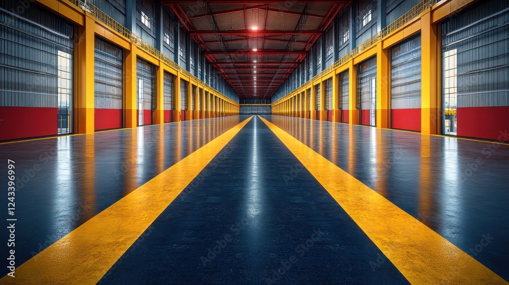 Obraz premium Empty warehouse interior, yellow lines, industrial, perspective