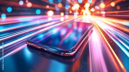 Phone on neon highway; speed, future tech