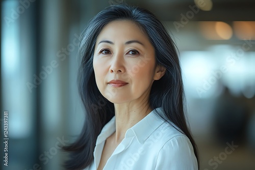 Professional portrait of a confident businesswoman in a modern office setting. photo