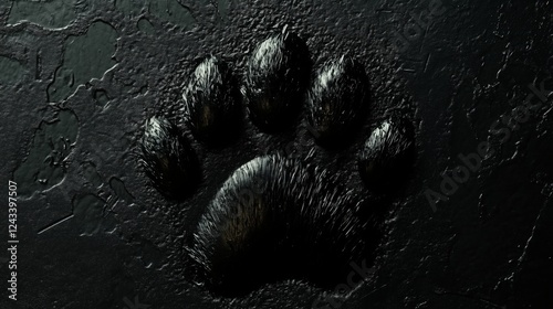 Number one cat paw impression shines on pitch black background, evoking a sense of mystery and artistry in a unique and surreal setting