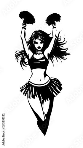 Black and white illustration of a beautiful cheerleader girl. Cheerleader with pom-poms in her hands. Cheerleading.